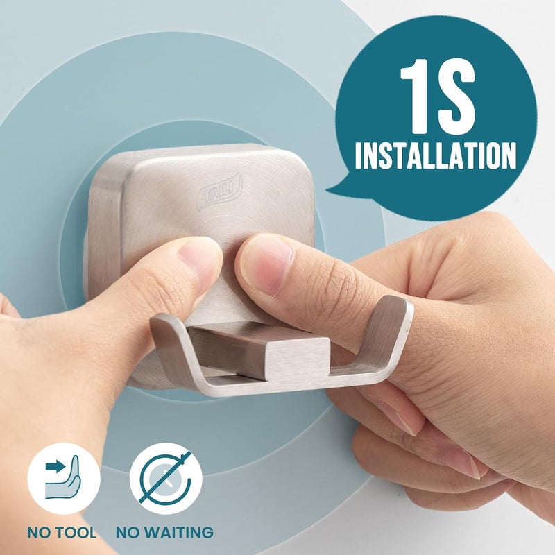 Taili Patented Strong Suction Cup Hook, 304 Stainless Steel Bathroom Suction Cup Holder for Towel, Loofah, Bathrobe, Damage-Free Hanging Shower Wall Hook, Double-Hook Widening Design, 2 Pack, Silver - Image 2